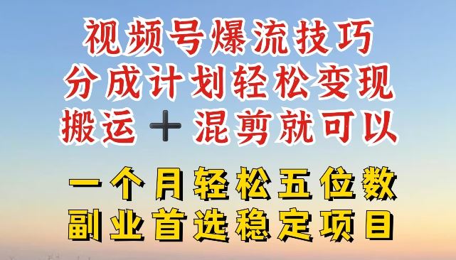 视频号爆流技巧，分成计划轻松变现，搬运 +混剪就可以，一个月轻松五位数稳定项目【揭秘】-聊项目