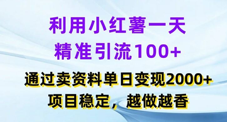 利用小红书一天精准引流100+，通过卖项目单日变现2k+，项目稳定，越做越香【揭秘】-聊项目