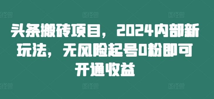 头条搬砖项目，2024内部新玩法，无风险起号0粉即可开通收益-聊项目